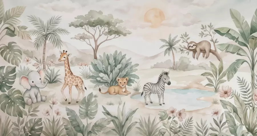Fototapet Akvarelová scéna ze safari se zvířaty v jemných pastelových tónech, na které jsou vyobrazeny žirafa, slůně, zebra a lvíče w09888