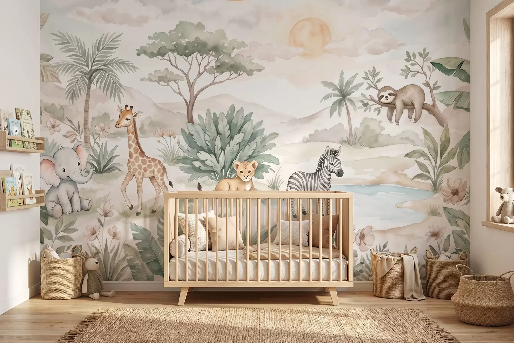 Fototapet Akvarelová scéna ze safari se zvířaty v jemných pastelových tónech, na které jsou vyobrazeny žirafa, slůně, zebra a lvíče w09888