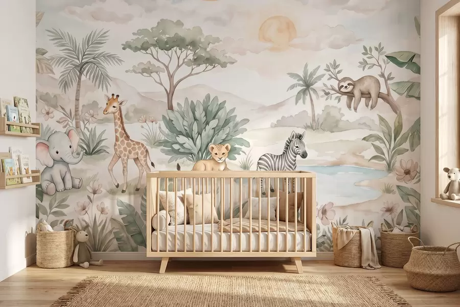 Fototapet Akvarelová scéna ze safari se zvířaty v jemných pastelových tónech, na které jsou vyobrazeny žirafa, slůně, zebra a lvíče w09888