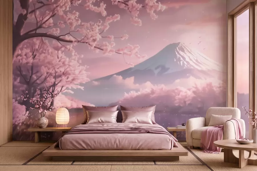 Fototapet Klidná japonská krajina s rozkvetlými třešněmi a horským jezerem při východu slunce w09864