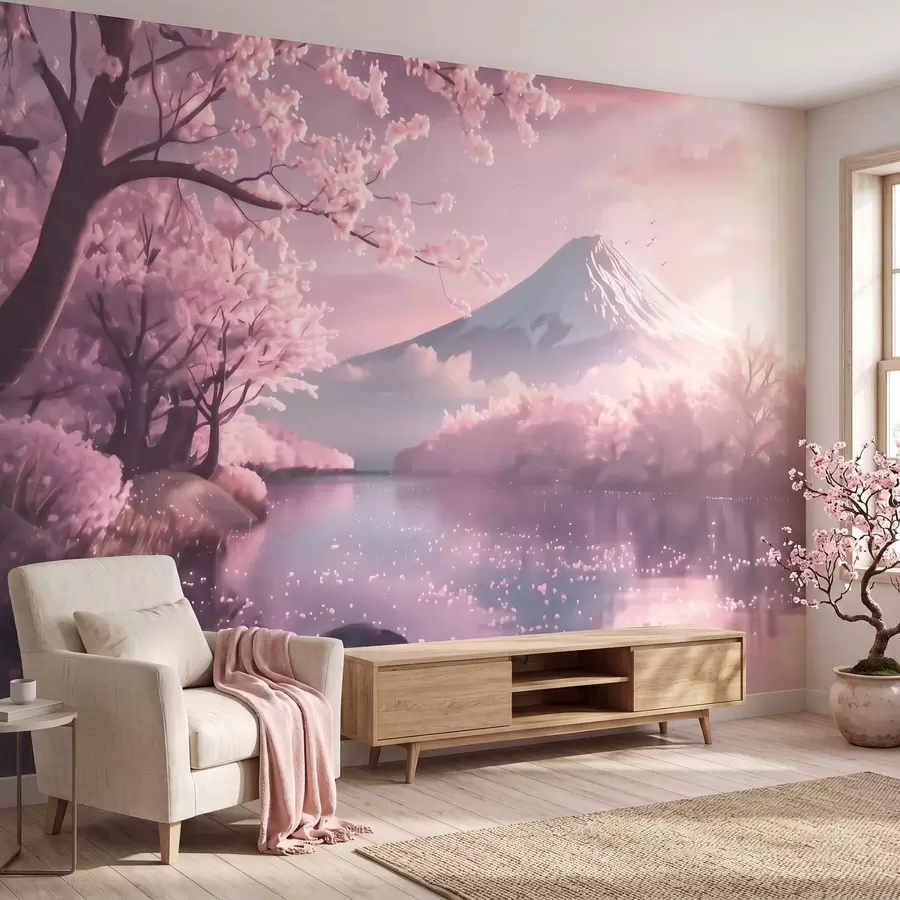 Fototapet Klidná japonská krajina s rozkvetlými třešněmi a horským jezerem při východu slunce w09864