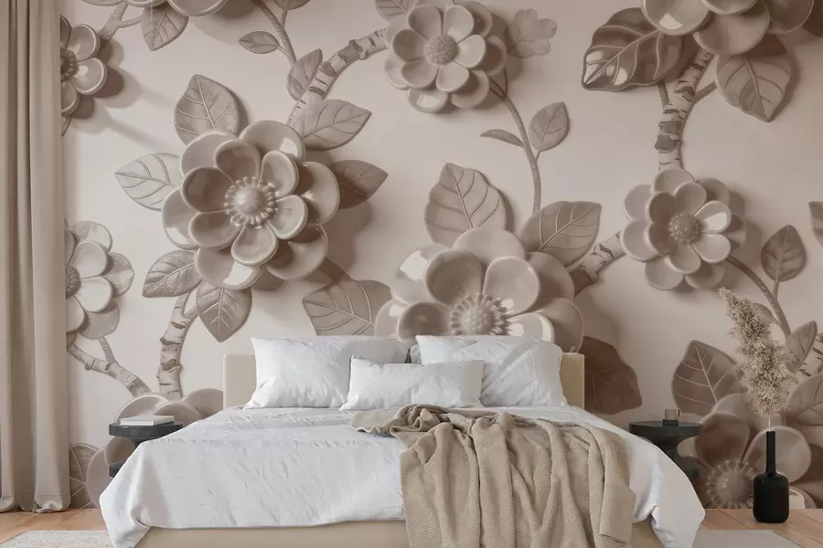 Fototapet Elegantní béžová kompozice z plasticky tvarovaných trojrozměrných květin w09887v1