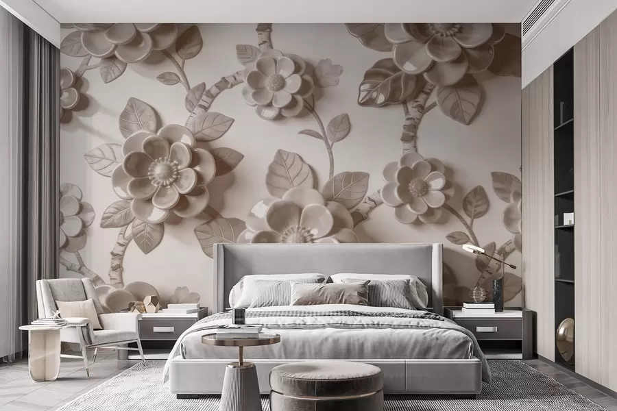 Fototapet Elegantní béžová kompozice z plasticky tvarovaných trojrozměrných květin w09887v1