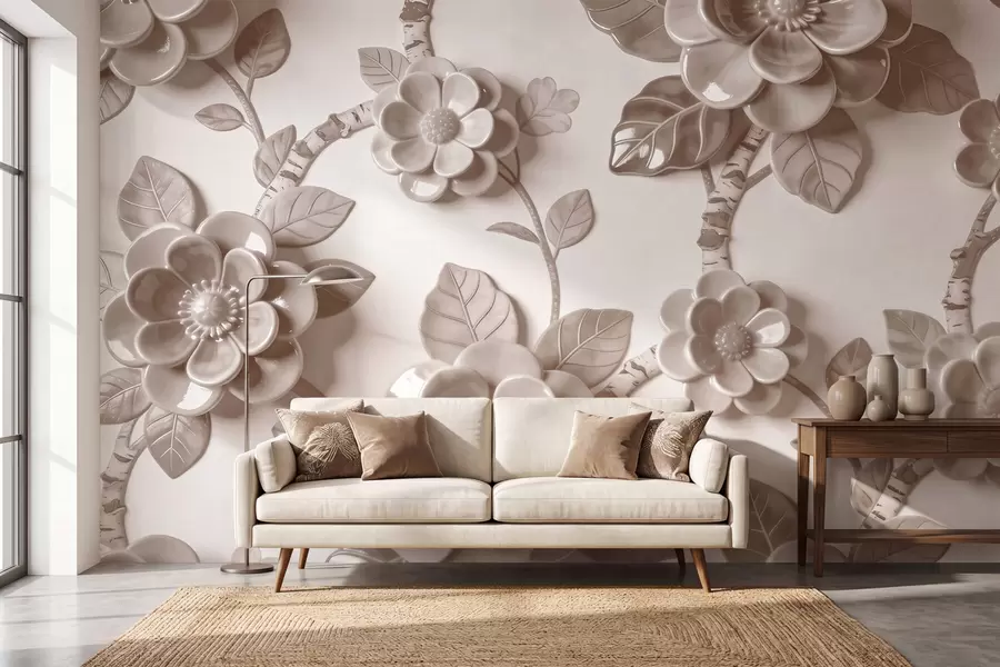 Fototapet Elegantní béžová kompozice z plasticky tvarovaných trojrozměrných květin w09887v1