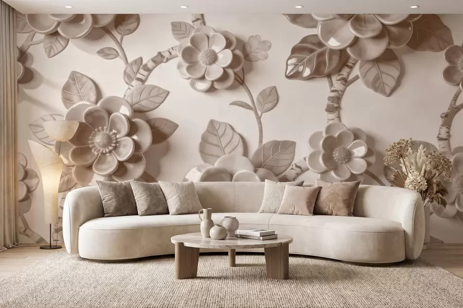 Fototapet Elegantní béžová kompozice z plasticky tvarovaných trojrozměrných květin w09887v1