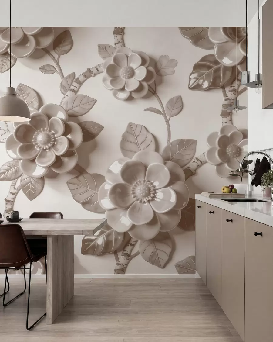 Fototapet Elegantní béžová kompozice z plasticky tvarovaných trojrozměrných květin w09887v1