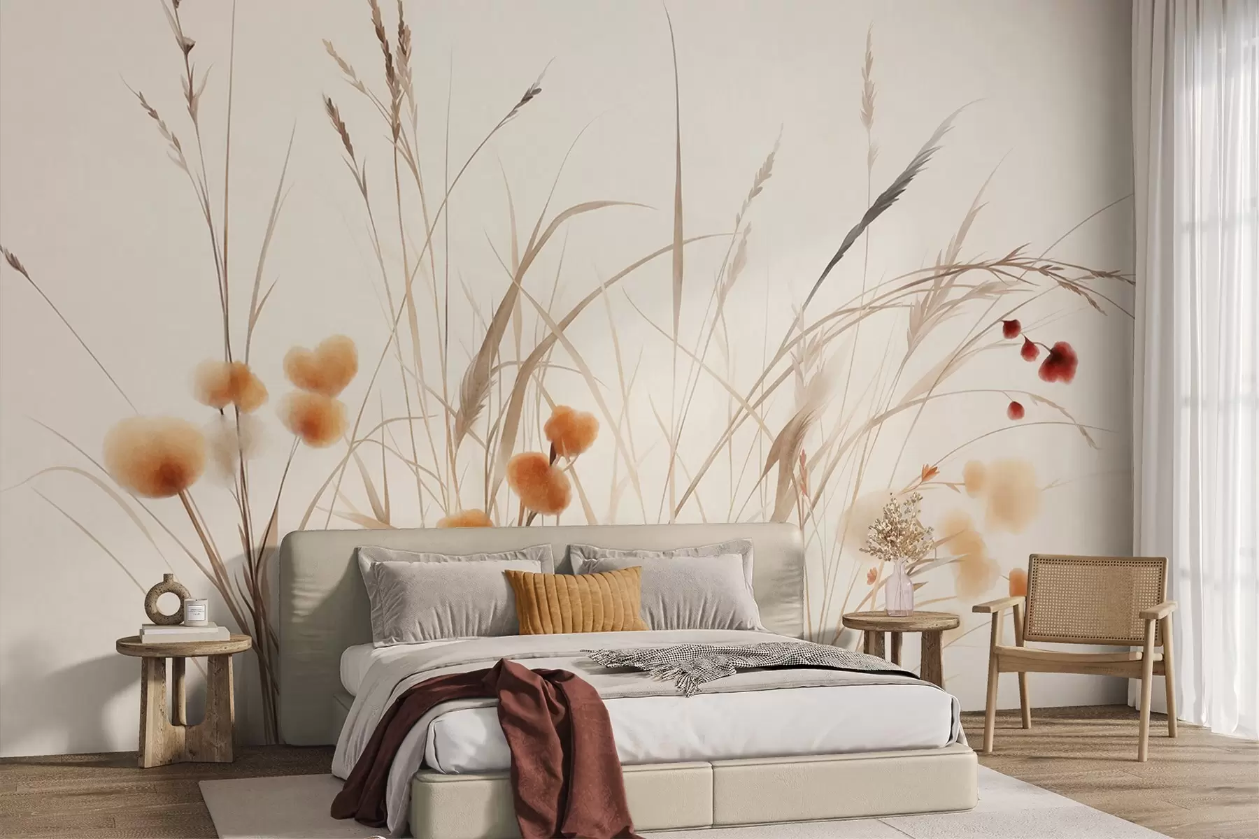 Fototapet Vysoké trávy a drobné oranžové divoké květiny na světlém pozadí, styl boho s výraznou texturou w09902