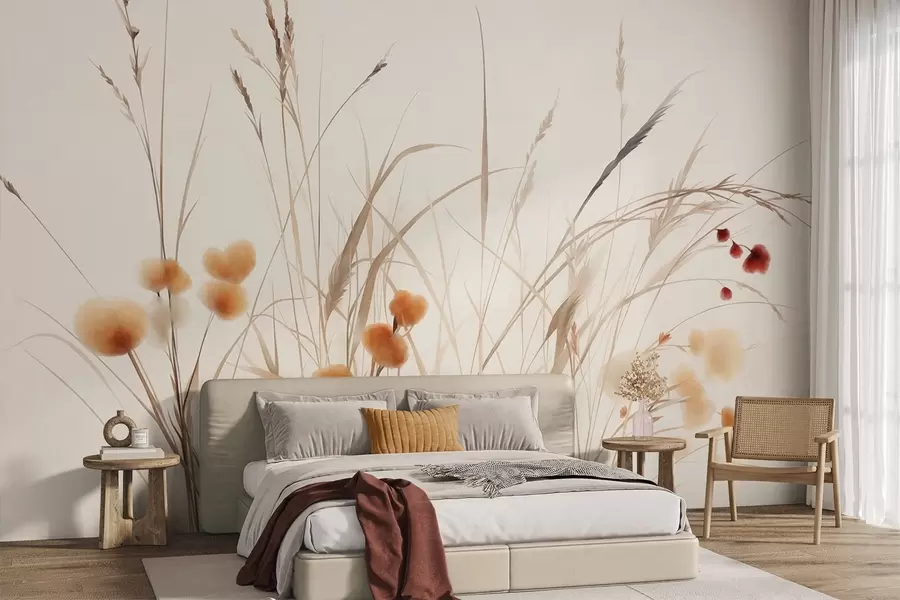 Fototapet Vysoké trávy a drobné oranžové divoké květiny na světlém pozadí, styl boho s výraznou texturou w09902