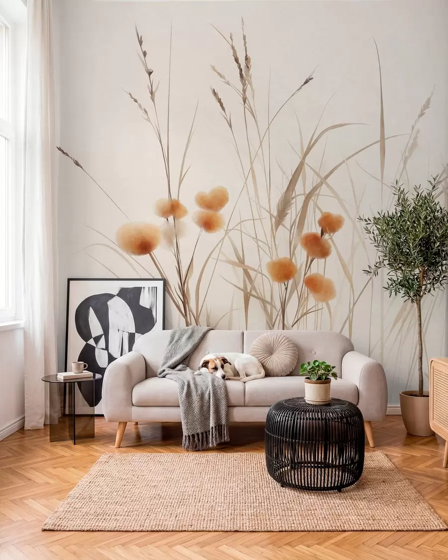 Fototapet Vysoké trávy a drobné oranžové divoké květiny na světlém pozadí, styl boho s výraznou texturou w09902