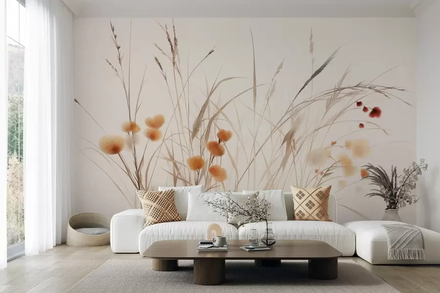 Fototapet Vysoké trávy a drobné oranžové divoké květiny na světlém pozadí, styl boho s výraznou texturou w09902