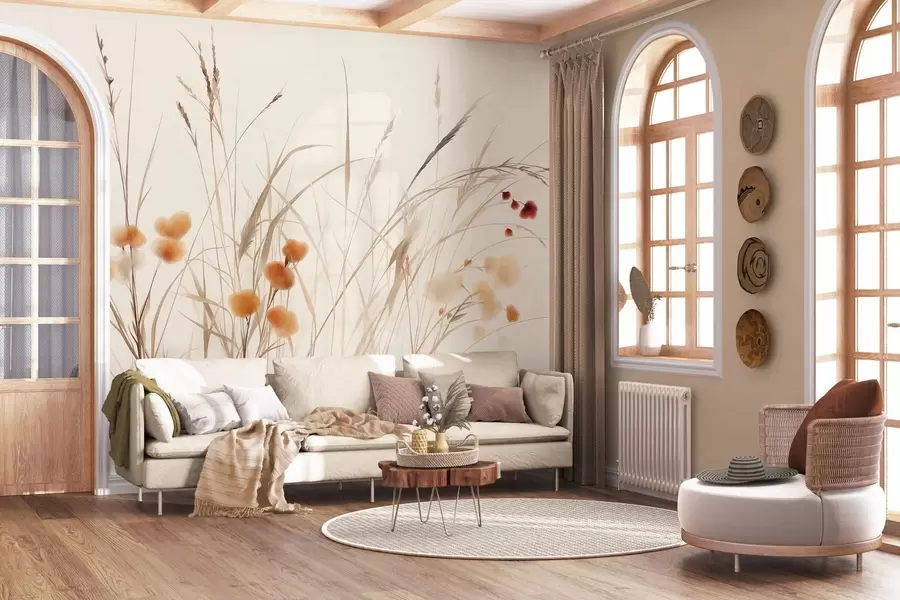 Fototapet Vysoké trávy a drobné oranžové divoké květiny na světlém pozadí, styl boho s výraznou texturou w09902