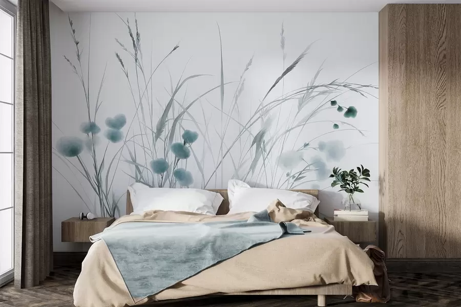 Fototapet Vysoké trávy a malé modré divoké květiny na světlém pozadí, strukturovaný styl boho w09902v1