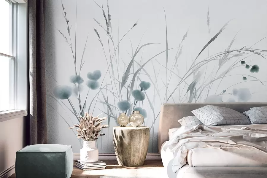 Fototapet Vysoké trávy a malé modré divoké květiny na světlém pozadí, strukturovaný styl boho w09902v1