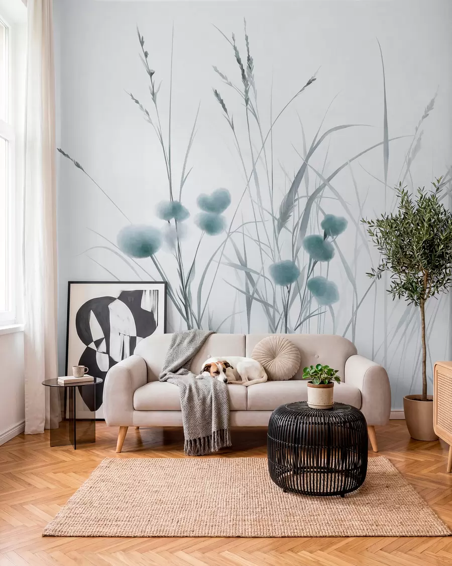 Fototapet Vysoké trávy a malé modré divoké květiny na světlém pozadí, strukturovaný styl boho w09902v1