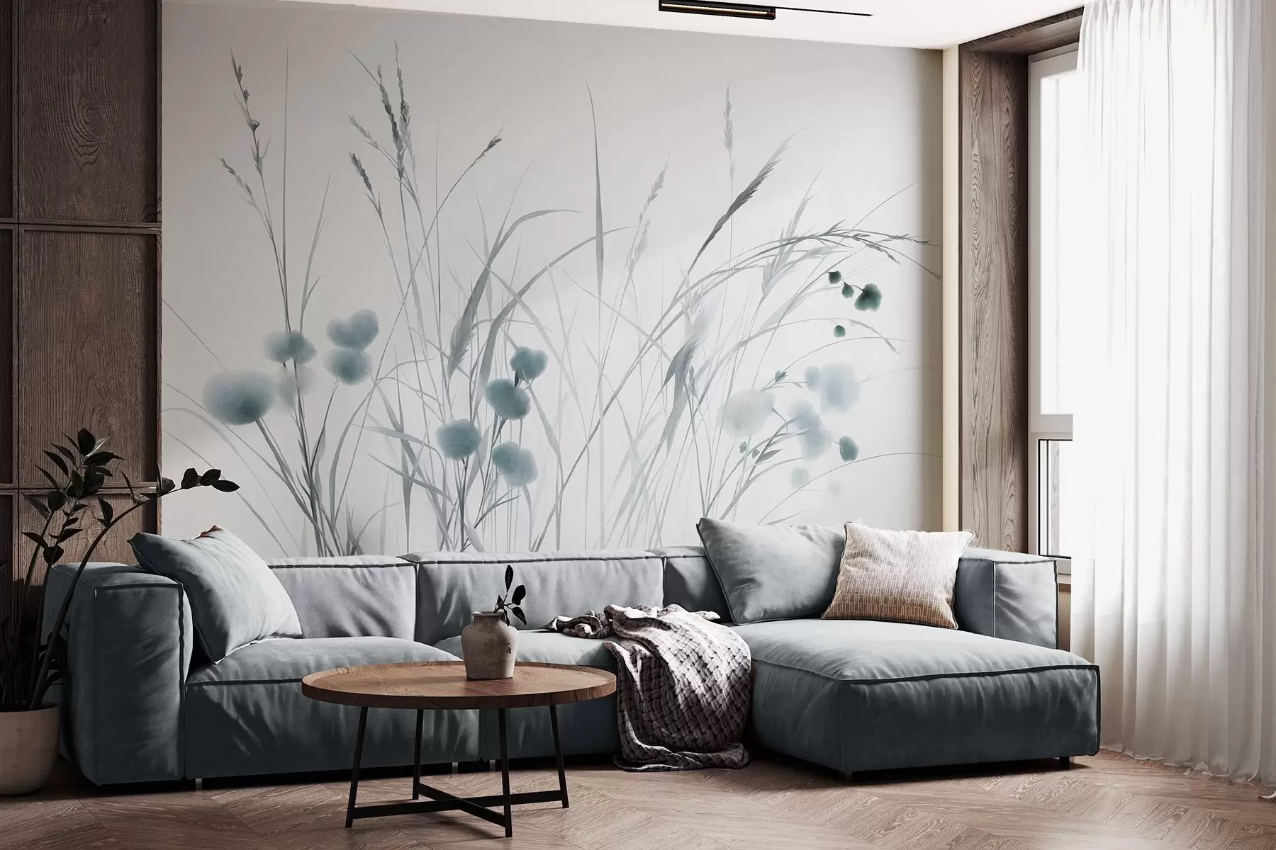 Fototapet Vysoké trávy a malé modré divoké květiny na světlém pozadí, strukturovaný styl boho w09902v1