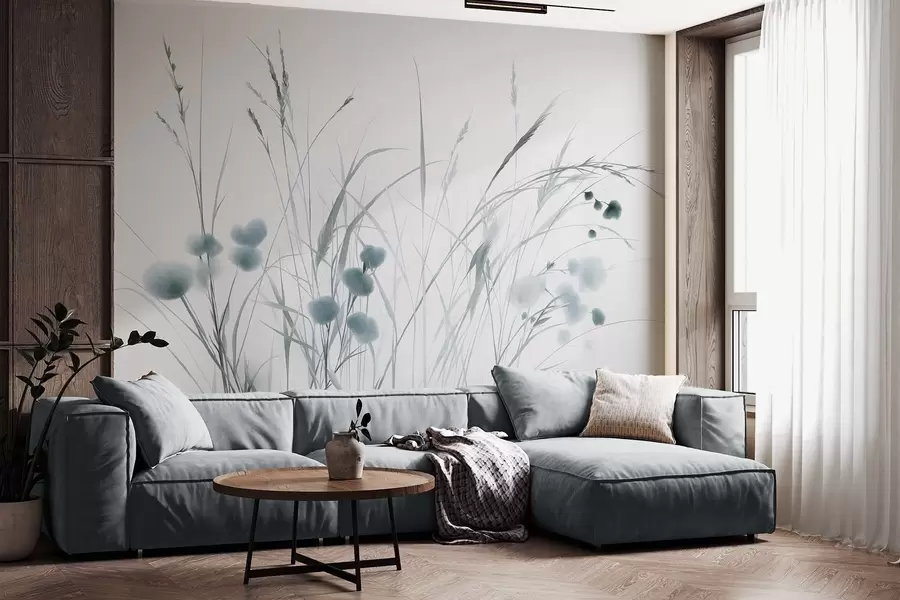 Fototapet Vysoké trávy a malé modré divoké květiny na světlém pozadí, strukturovaný styl boho w09902v1