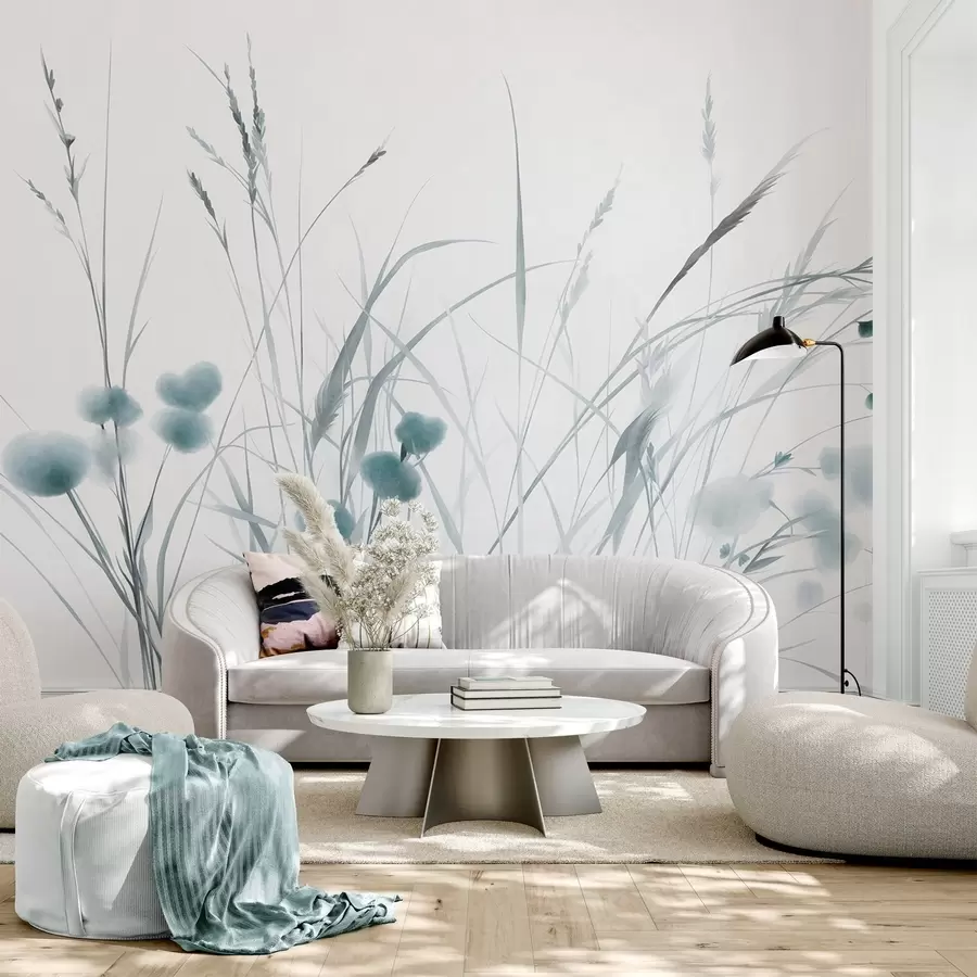 Fototapet Vysoké trávy a malé modré divoké květiny na světlém pozadí, strukturovaný styl boho w09902v1