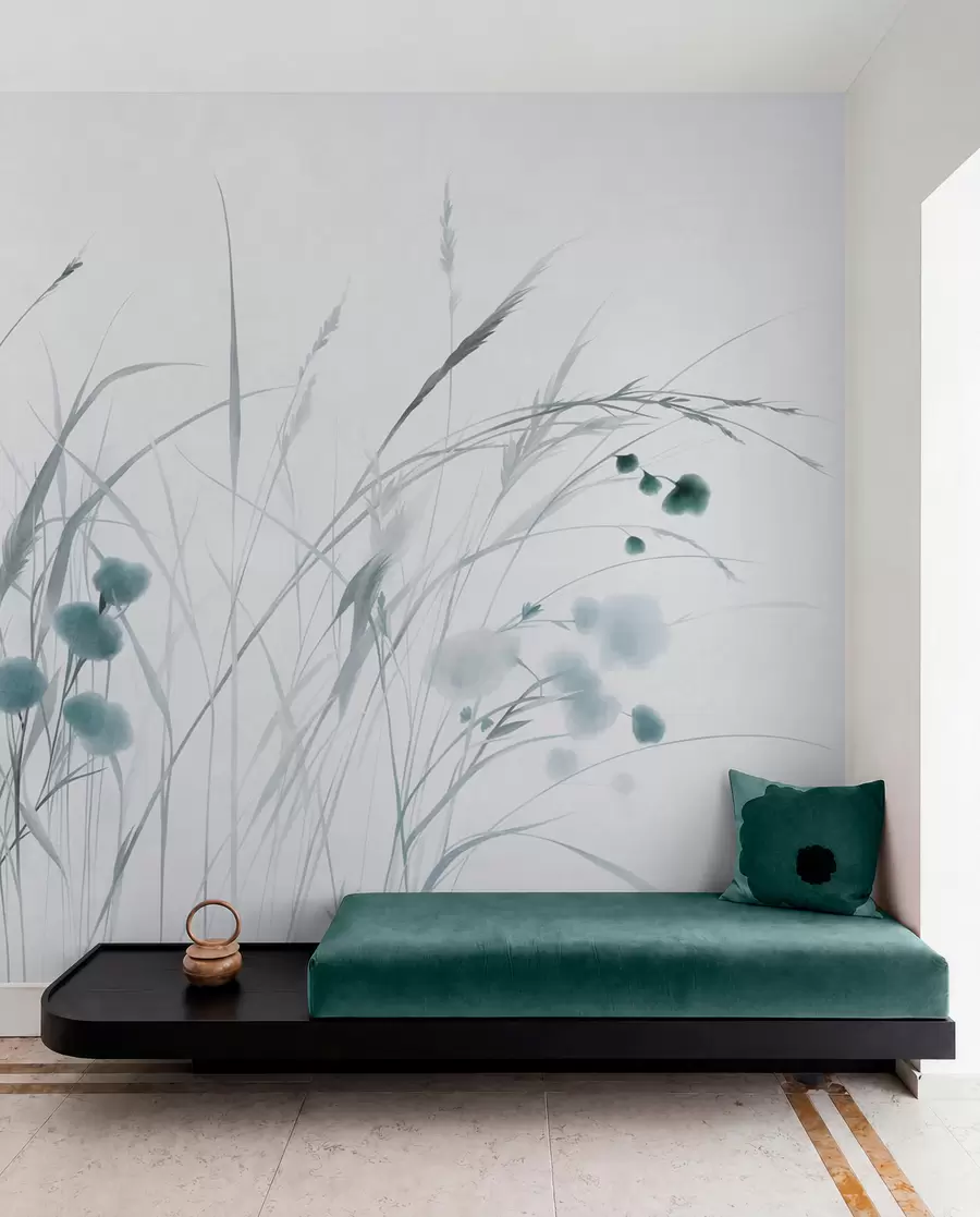 Fototapet Vysoké trávy a malé modré divoké květiny na světlém pozadí, strukturovaný styl boho w09902v1