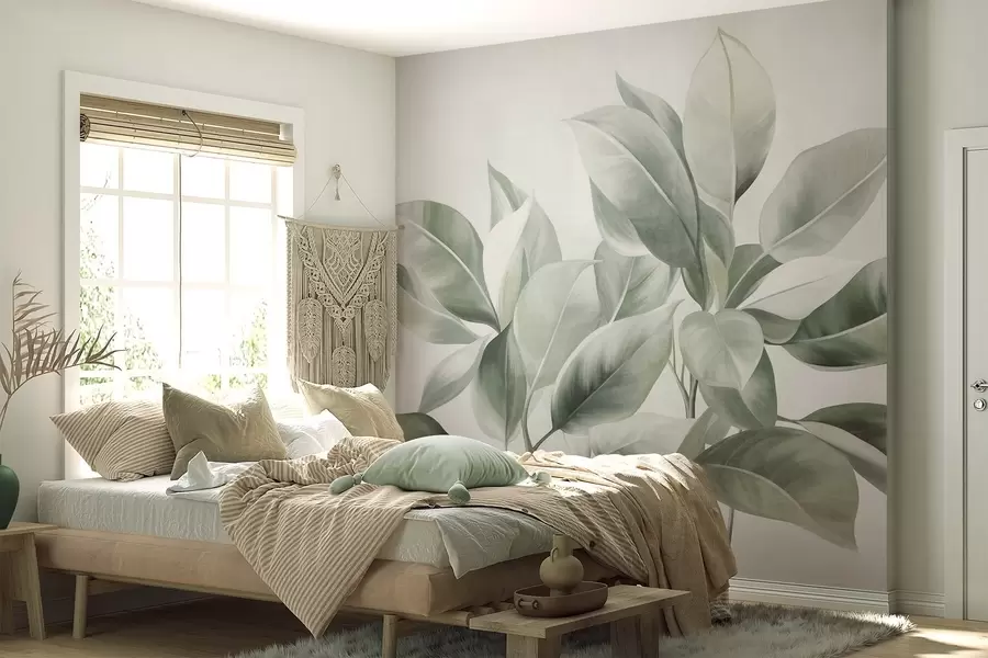 Fototapet Světle zelené listy na bledém, jemném pozadí, texturovaný styl boho w09909