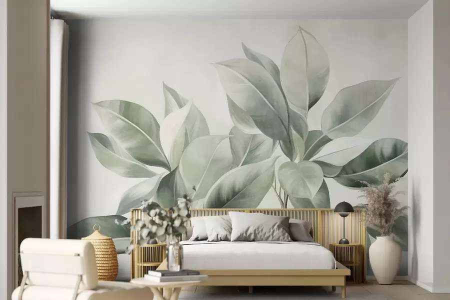 Fototapet Světle zelené listy na bledém, jemném pozadí, texturovaný styl boho w09909