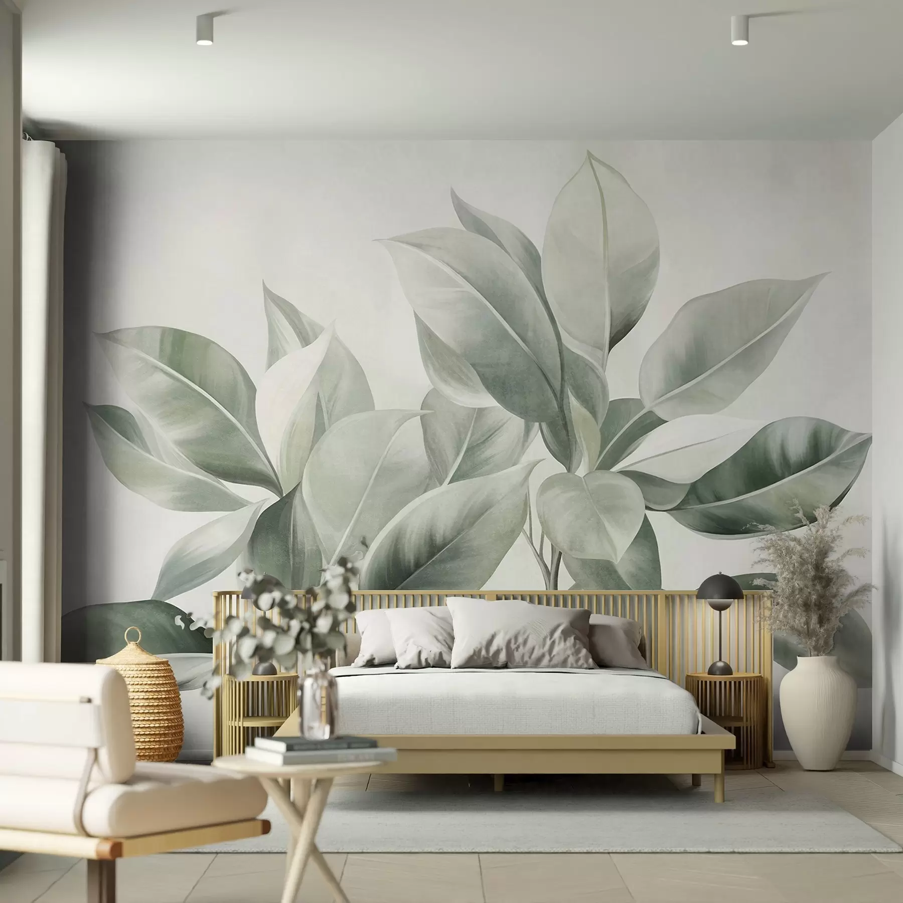 Fototapet Světle zelené listy na bledém, jemném pozadí, texturovaný styl boho w09909