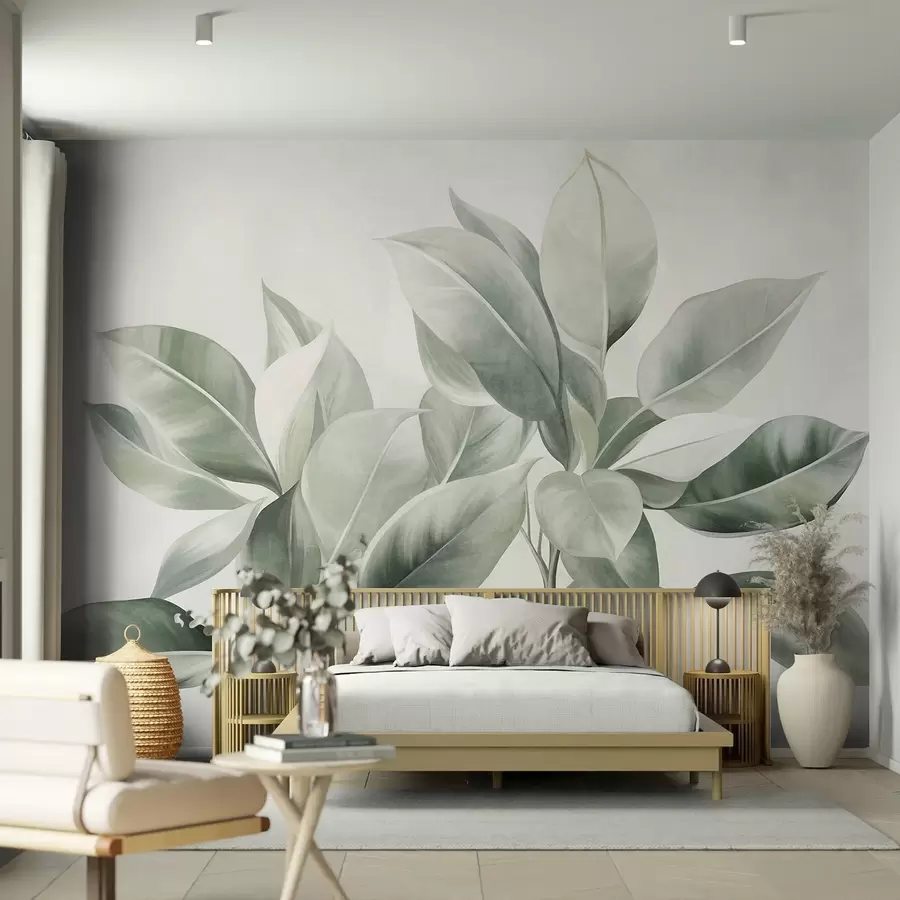 Fototapet Světle zelené listy na bledém, jemném pozadí, texturovaný styl boho w09909