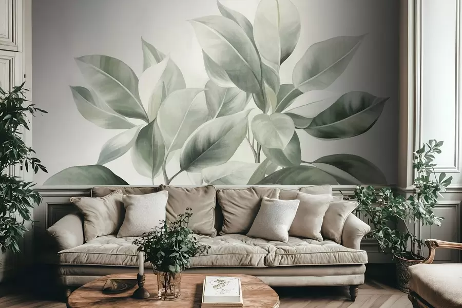 Fototapet Světle zelené listy na bledém, jemném pozadí, texturovaný styl boho w09909