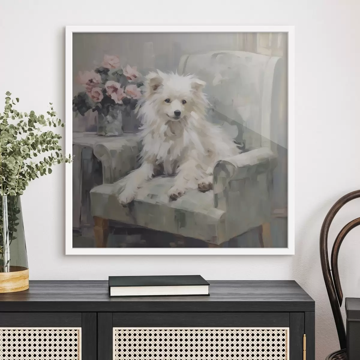 Poster Malý pes na židli, imitace obrazu f49597