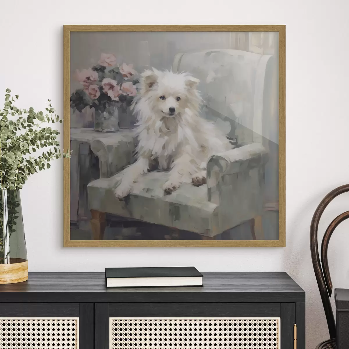 Poster Malý pes na židli, imitace obrazu f49597