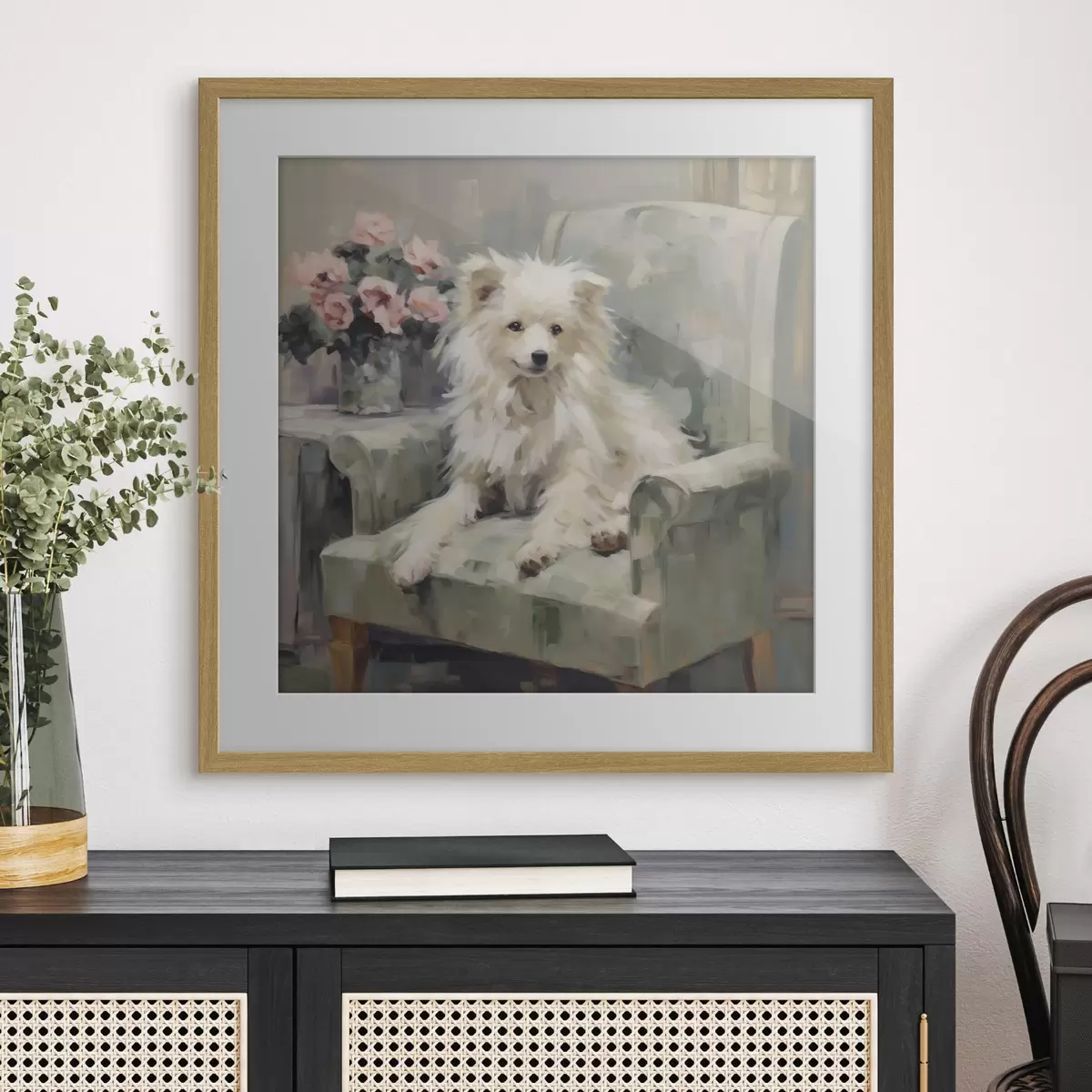 Poster Malý pes na židli, imitace obrazu f49597
