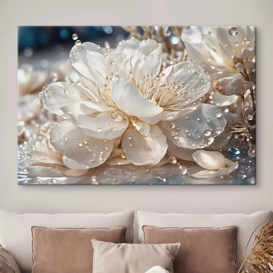 Obraz Detailní záběr na bílý květ s kapkami vody Č. s49355