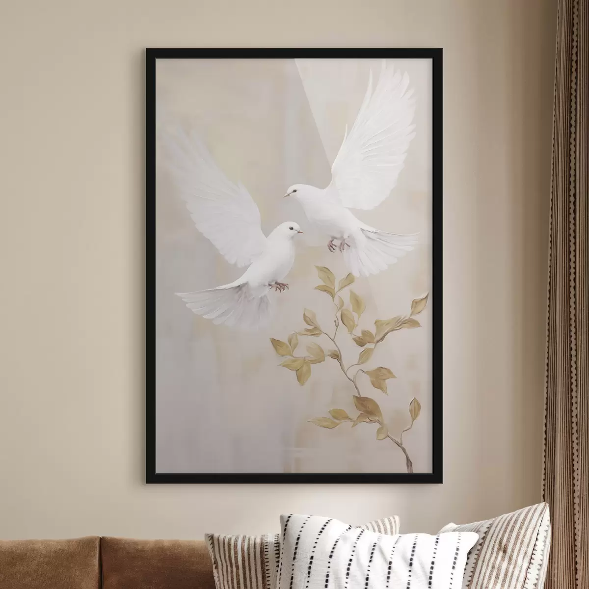 Poster Bílý pták poblíž větve se světle hnědými listy, tlumené pozadí f49764