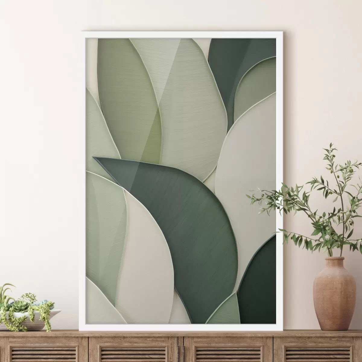 Poster Abstraktní umění s překrývajícími se zelenými a krémovými organickými tvary f49777