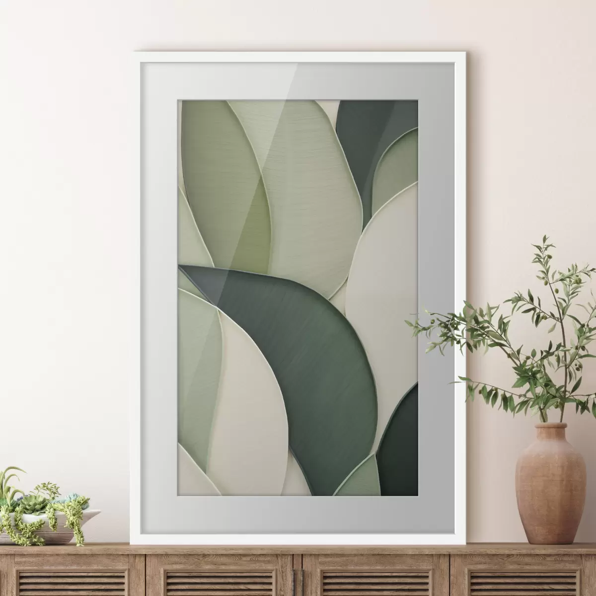 Poster Abstraktní umění s překrývajícími se zelenými a krémovými organickými tvary f49777