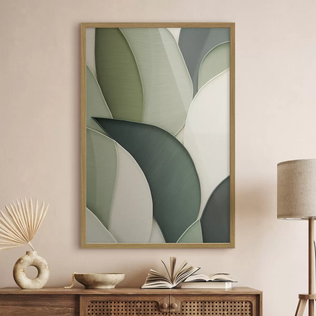 Poster Abstraktní umění s překrývajícími se zelenými a krémovými organickými tvary f49777