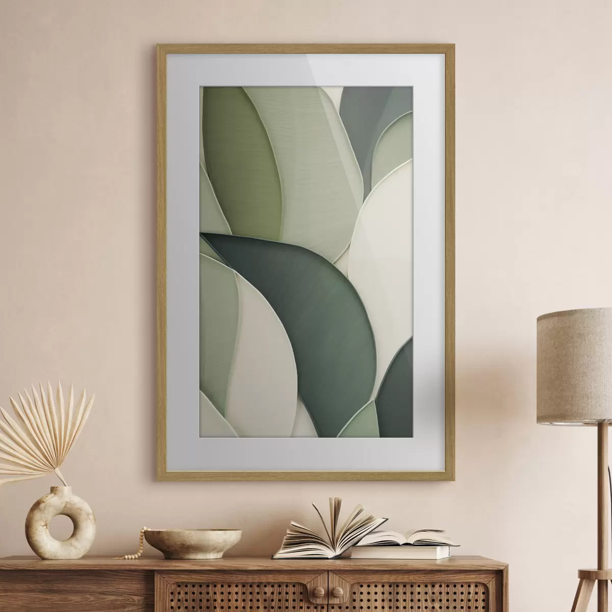 Poster Abstraktní umění s překrývajícími se zelenými a krémovými organickými tvary f49777