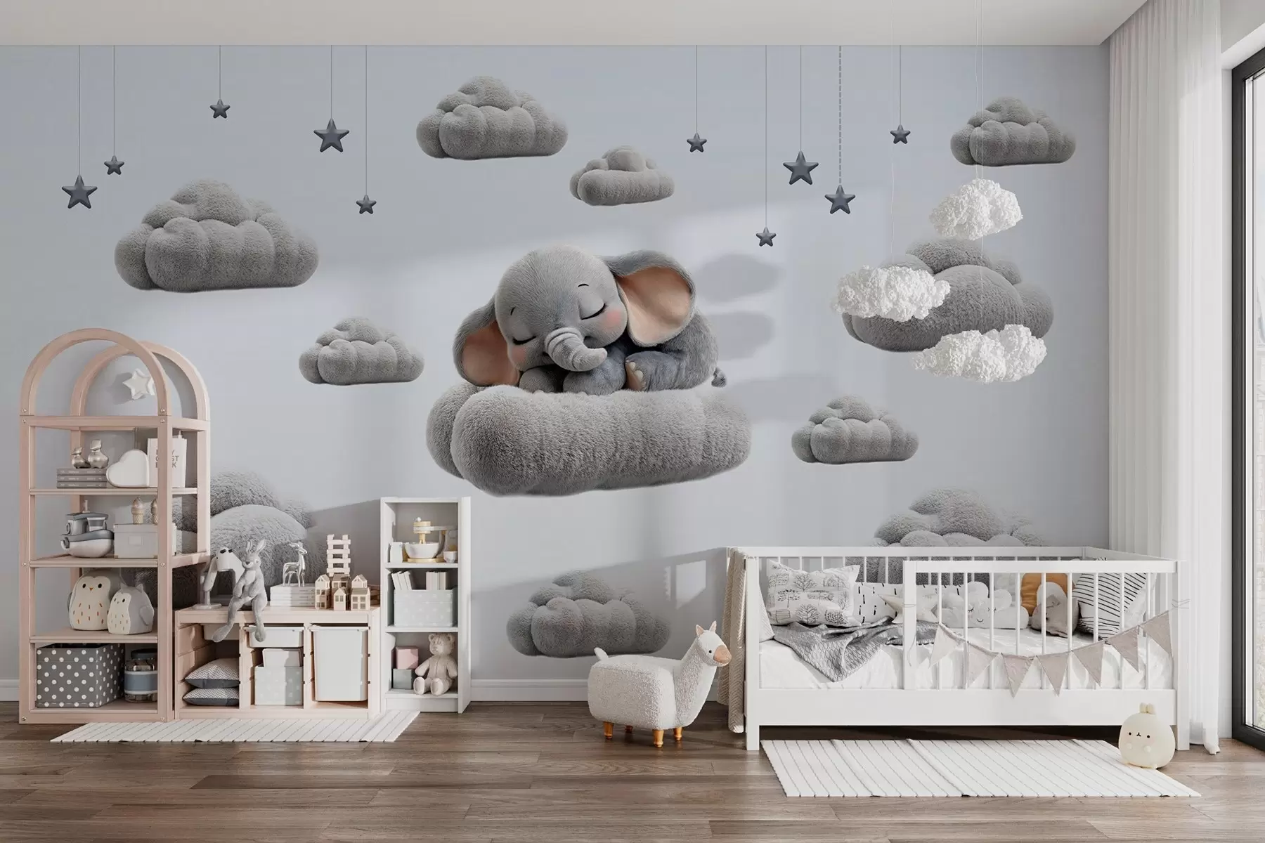 Fototapet roztomilý malý slon ve 3D stylu, který spí mezi nadýchanými mraky w05754