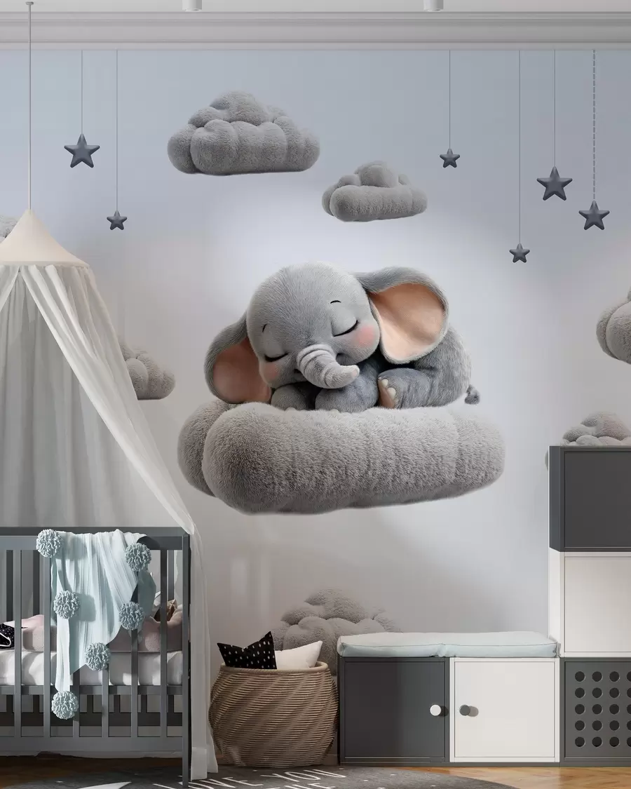 Fototapet roztomilý malý slon ve 3D stylu, který spí mezi nadýchanými mraky w05754