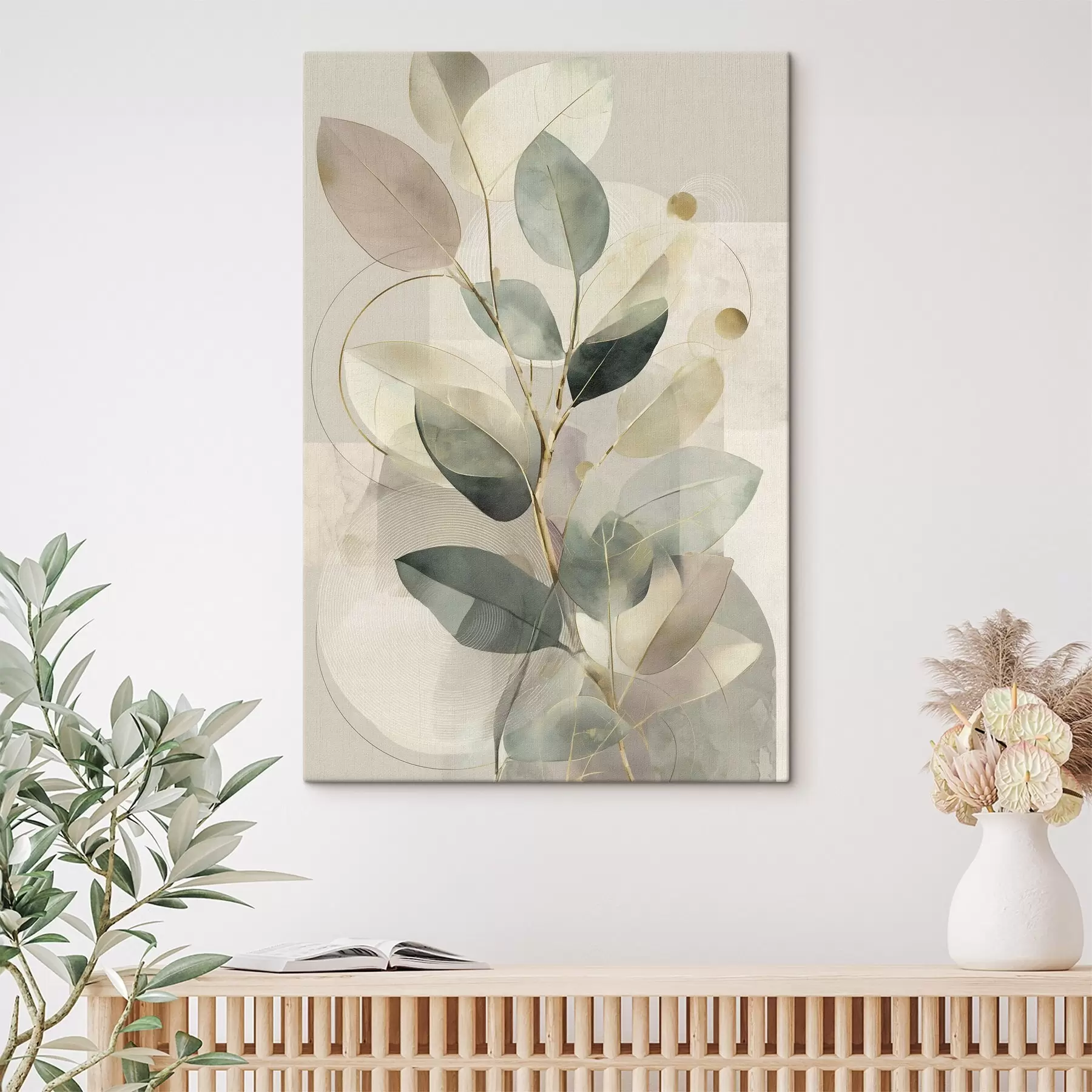 Obraz Minimalistické abstraktní dílo s botanickým motivem, elegantní olivová ratolest s jemnými šalvějově zelenými a teplými béžovými listy Č. s49878