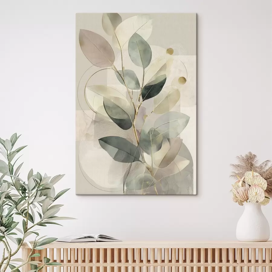 Obraz Minimalistické abstraktní dílo s botanickým motivem, elegantní olivová ratolest s jemnými šalvějově zelenými a teplými béžovými listy Č. s49878