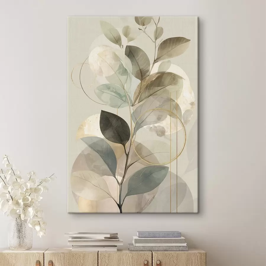 Obraz Minimalistické abstraktní dílo s botanickým motivem, elegantní olivová ratolest s jemnými šalvějově zelenými a teplými béžovými listy Č. s49879