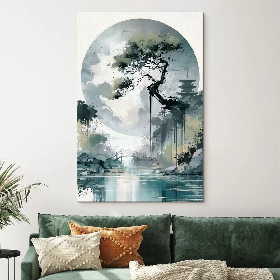 Obraz Japonská krajina ve stylu sumi-e, na níž je vyobrazena štíhlá borovice, most a pagoda na pozadí klidné hladiny Č. s49881
