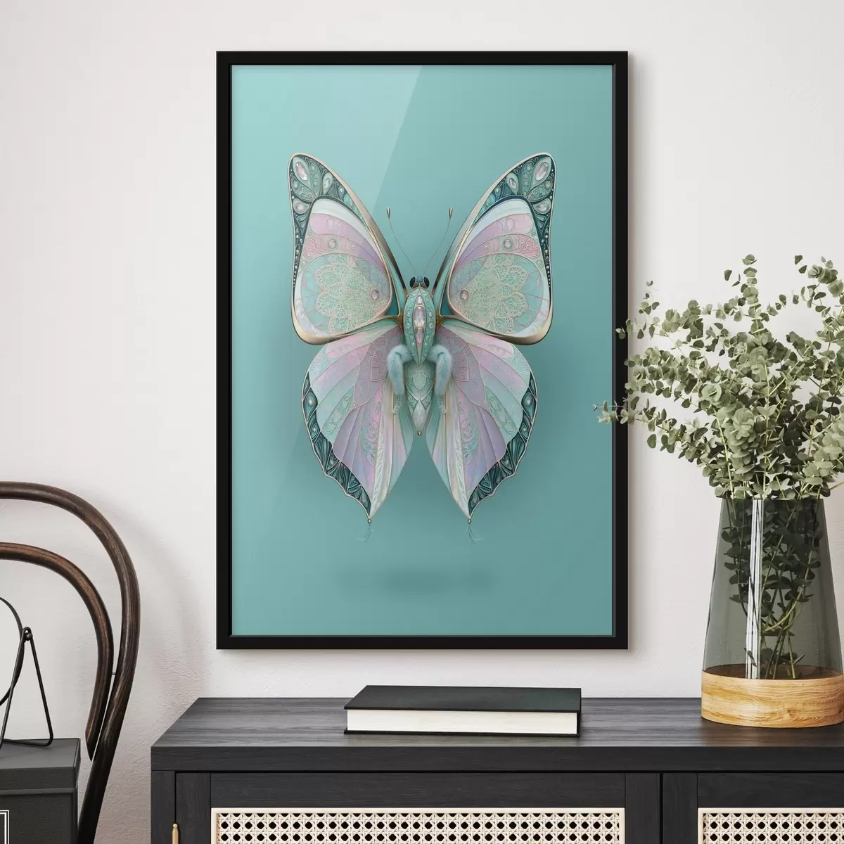 Poster Motýl ve stylu luxusních šperků na tyrkysovém pozadí f49864