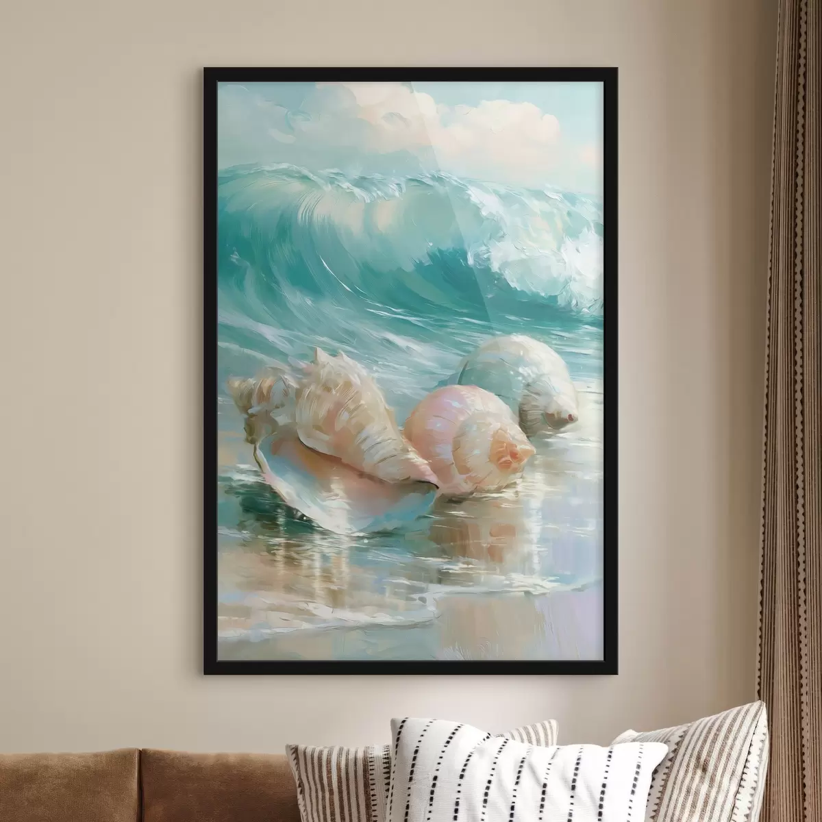 Poster Klidné pobřežní zátiší: tři jemné mušle ležící na hladkém, vlhkém písku u moře, v olejovém stylu f49884
