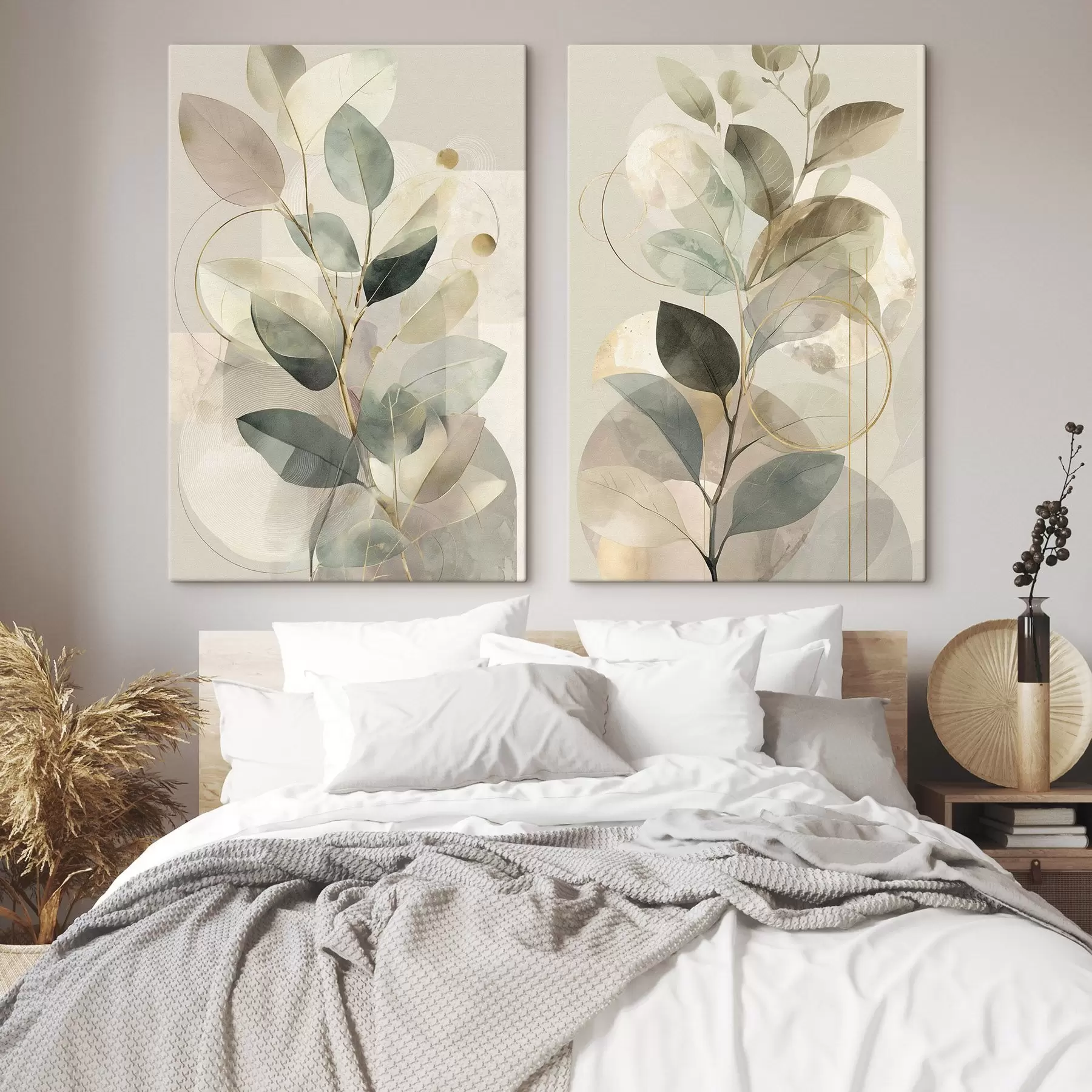 Obraz Minimalistické abstraktní dílo s botanickým motivem, elegantní olivová ratolest s jemnými šalvějově zelenými a teplými béžovými listy Č. m30726