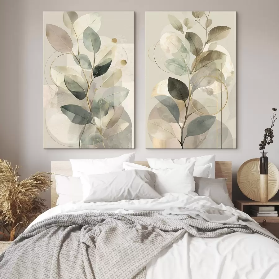 Fototapet Minimalistické abstraktní dílo s botanickým motivem, elegantní olivová ratolest s jemnými šalvějově zelenými a teplými béžovými listy m30726
