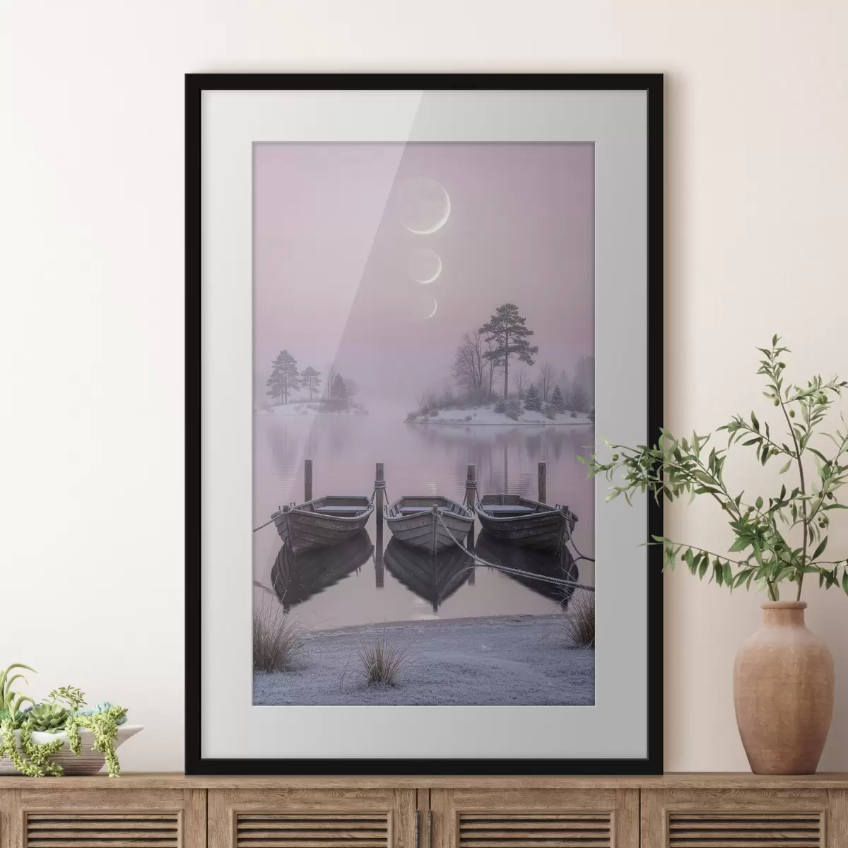 Poster Krajina s jezerem, čluny a fázemi měsíce v pastelovém stylu f49724