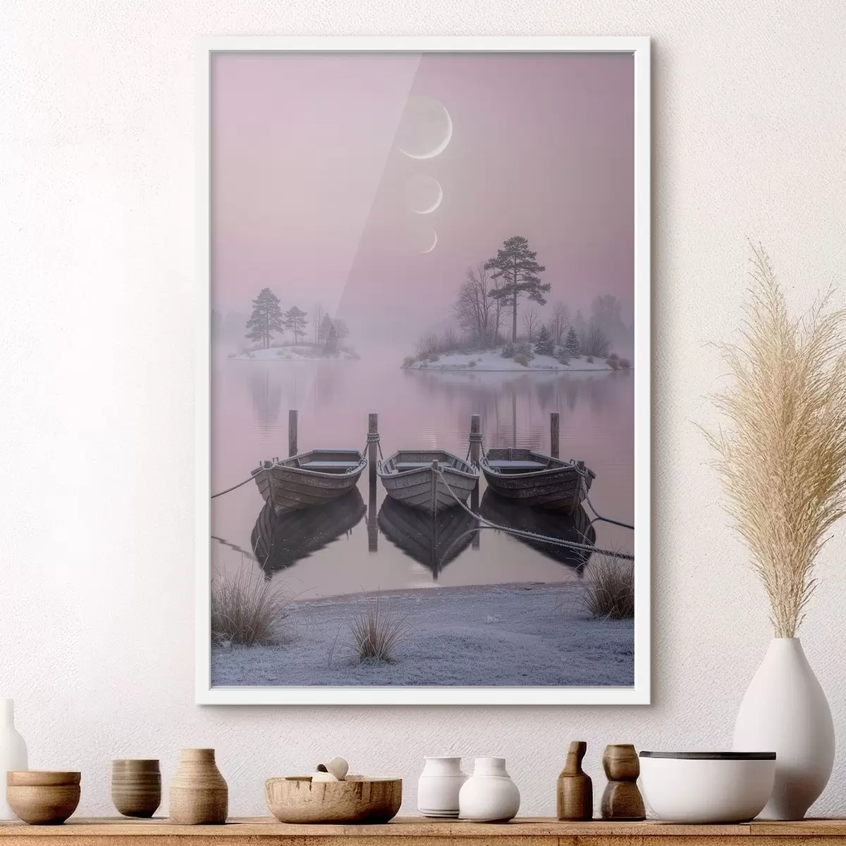 Poster Krajina s jezerem, čluny a fázemi měsíce v pastelovém stylu f49724