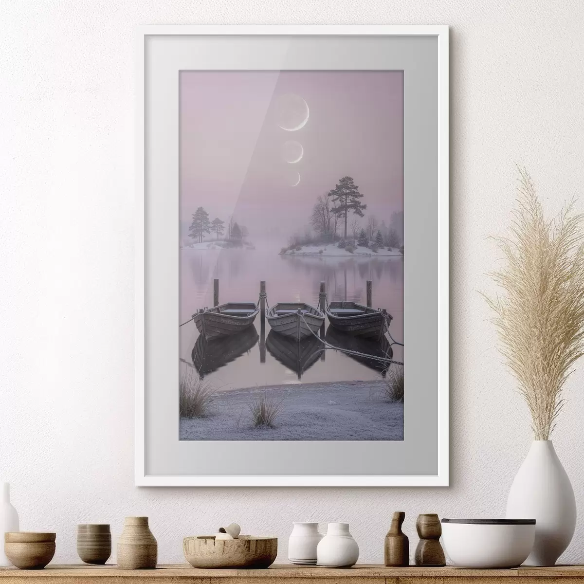 Poster Krajina s jezerem, čluny a fázemi měsíce v pastelovém stylu f49724