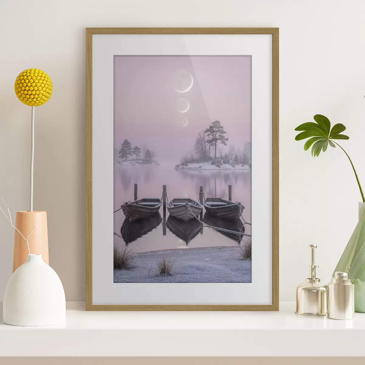 Poster Krajina s jezerem, čluny a fázemi měsíce v pastelovém stylu f49724